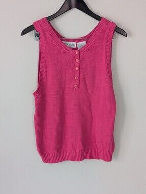 Vintage Principles Hot Pink Cotton Knit Henley Sweater Vest Top M